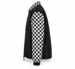 Side view of custom coach jacket with checkered sleeves and drawcord hem