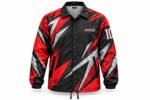 Custom sublimated coach jacket in red, black and grey with snap buttons and chest logo