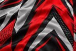 Full dye sublimation print in red, black and grey on coach jacket fabric