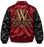 Custom satin coach jacket in burgundy with black sleeves and gold embroidered Wani Wear back logo