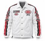 Front view of white custom racing coach jacket with embroidered patches, snap buttons and checkered lining