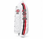 Side view of a white custom racing coach jacket with motorsport sleeve patches