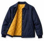 Navy custom quilted coach jacket with mustard diamond-quilted lining, brass snaps and tonal embroidered logo