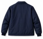 Back view of navy padded winter coach jacket with coach collar and rib-knit cuffs, wholesale manufacturer