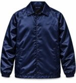 Front view of navy satin custom souvenir jacket with tonal embroidered chest logo and snap buttons