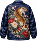 Back view of navy satin souvenir jacket with full-back tiger, peony and cherry blossom embroidery
