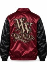 Back view of burgundy satin coach jacket with large embroidered Wani Wear crest and black satin sleeves