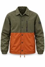 Custom coach jacket front view with snap buttons, zippered chest pocket and Wani Wear embroidered logo