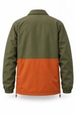 Custom coach jacket back view with olive green and burnt orange ripstop colorblock panels