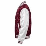 Side profile of maroon satin jacket with white satin sleeve, piped slash pocket and striped rib cuff