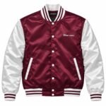 Custom two tone satin jacket in maroon and white with embroidered script Wani Wear chest logo and white snap buttons