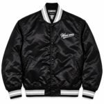 Custom black satin jacket with white script embroidery and black, grey and white striped trims
