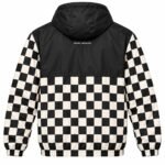 Back of black and cream checkerboard windbreaker jacket with Wani Wears neck print