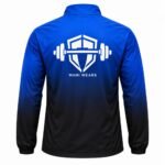 Gradient gym windbreaker back view with large white barbell shield logo – Wani Wear
