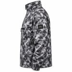 Side view of custom camo windbreaker pullover showing half-zip collar, chest pocket, and woven sleeve patch