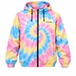 Front view of custom tie dye windbreaker jacket with full zip, drawcord hood, side pockets, and chest logo