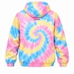 Custom tie dye windbreaker back view with pastel pink, blue, and yellow spiral print and Wani Wears logo