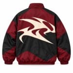 Custom vintage windbreaker back view in burgundy and black colorblock nylon with oversized cream graphic