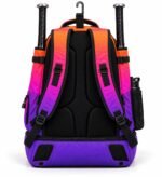 Back view of custom softball backpack with padded mesh panel, adjustable straps, and two bat sleeves