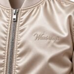Close-up of tonal script embroidery and metal zipper on a custom satin bomber jacket