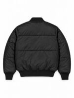 Back of black quilted puffer bomber jacket with ribbed collar, cuffs and waistband