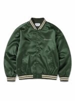 Custom oversized satin jacket in forest green with cream script embroidery and striped rib trims