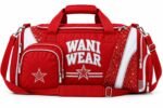 Custom cheer duffle bag with rhinestone stars, glitter panels and large varsity Wani Wear lettering