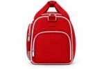 Red and white custom cheer duffle bag with glitter side panels, silver hardware and varsity Wani Wear logo