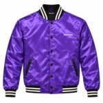 Custom purple satin jacket with striped rib collar and snap buttons by Wani Wear