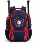 Custom baseball bat bag navy and red with embroidered team logo and two bats by Wani Wear
