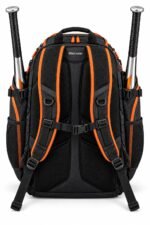 Black and orange baseball bat backpack with side bat sleeve, buckle strap and mesh bottle pocket
