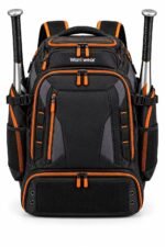 Custom baseball backpack black and orange with dual bat sleeves and vented cleat compartment by Wani Wear