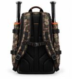 Camo baseball backpack black padded air mesh back panel with sternum strap and orange bartack stitching