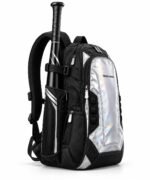 Holographic bat bag side sleeve with buckle strap, mesh bottle pocket and silver accent stripes