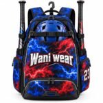 Baseball backpack with helmet holder, fence hook and red and blue lightning sublimation print by Wani Wear