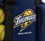 Close-up of multi-color Thunder softball logo embroidery and Wani Wears branding on navy coach ball bag