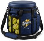 Custom softball ball bag in navy with padded seat lid, Thunder team logo embroidery, mesh pocket full of softballs and shoulder strap by Wani Wear