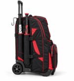 Wheeled softball bat bag side view showing two bat sleeves with buckle straps, metal fence hook, telescoping handle and rubber wheels