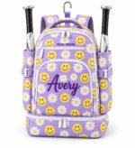 Custom softball bat bag in lavender with smiley face and daisy sublimation print, Avery name embroidery, two bat sleeves and fence hook by Wani Wear