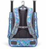 Softball backpack back view with padded air-mesh panel, adjustable grey shoulder straps and chest strap buckle