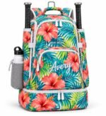 Sublimated softball bat bag with tropical coral hibiscus and teal palm leaf print, white Avery name embroidery, two bats and water bottle by Wani Wear