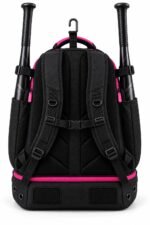 Black softball bat backpack back view with air-mesh panel, padded shoulder straps, D-rings, chest strap and vented cleat compartment