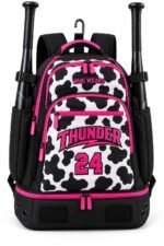 Cow print softball bat bag with black and white sublimation panel, hot pink trim, pink Thunder team logo and number 24 embroidery, two bats and fence hook by Wani Wear