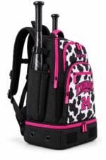 Cow print bat backpack side view showing bat sleeve with buckle strap, mesh side pocket, front pockets and ventilated cleat compartment