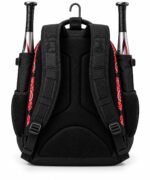 Softball bat backpack back view with contoured air-mesh panel, padded black shoulder straps and metal fence hook