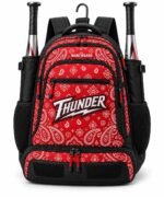 Wholesale softball bat bag with red bandana paisley sublimation print, black body, Thunder logo embroidery, two bats and fence hook by Wani Wear
