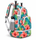 Tropical print softball backpack side view showing bat sleeve, mesh bottle pocket, front zip pocket and bottom cleat compartment