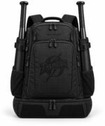 Black softball bat backpack in ripstop fabric with tonal embossed Thunder logo and two bat sleeves