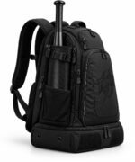 All-black bat backpack side view with buckle bat sleeve, mesh side pocket and vented shoe compartment