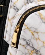 Gold metal zipper and puller on white marble sublimated softball bat backpack